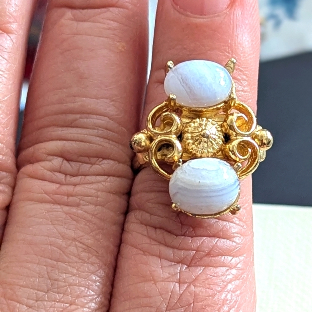 Double Stone Blue Lace Agate Ring Gold Plated Adjustable